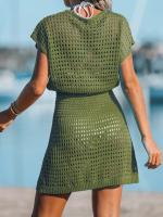 Vestido corto playero de ganchillo para mujer, traje de baño de manga corta con cuello en V, 2024 - details 17