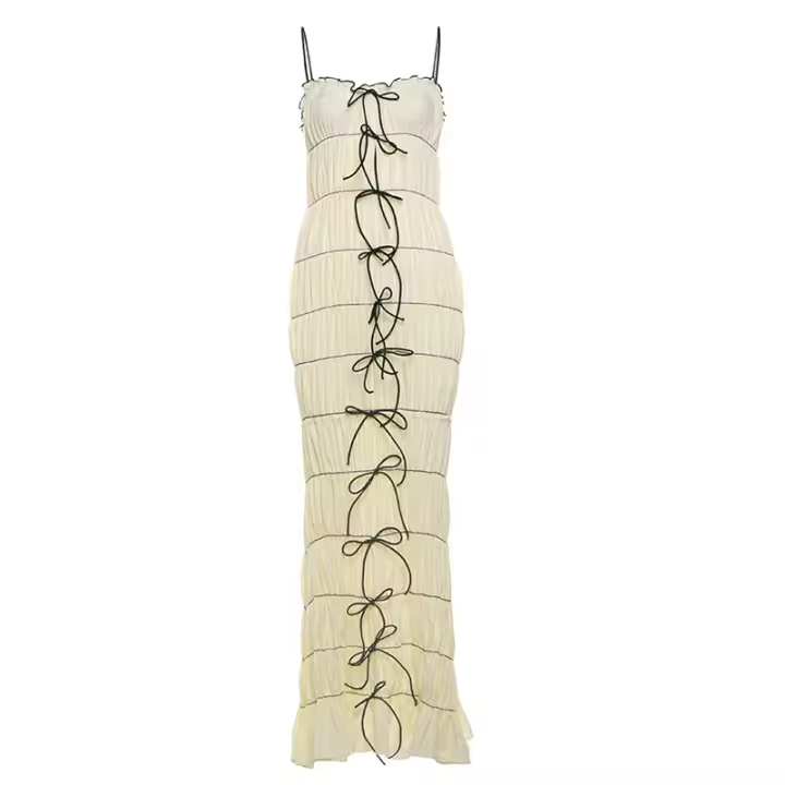 2024 Primavera/Verano ropa de mujer temperamento de nicho estilo socialité francés encaje plisado hasta la cintura vestido con tirantes ceñidos - 1
