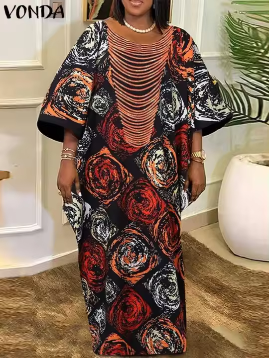 Vestido largo bohemio de talla grande VONDA con estampado floral para mujer, Vestido informal de manga abombada para vacaciones, Vestido elegante sin borlas 2025 - 1