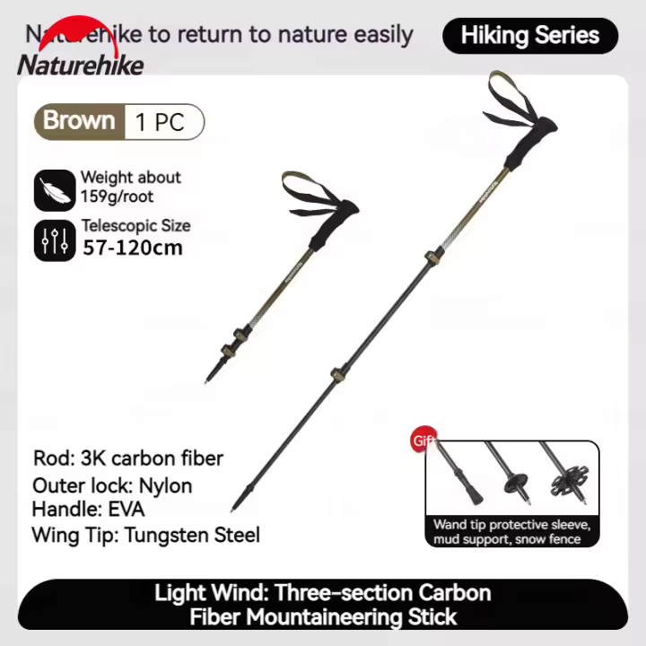 Bastón de Senderismo Ultraligero Naturehike 3k Fibra de Carbono Telescópico 3 Secciones para Escalada al Aire Libre - 1