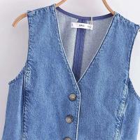 Chaqueta Sin Mangas de Denim Azul de Moda Collantillo en Línea Retro con Cuello en V - details 3
