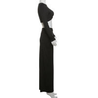 BUNO-Conjunto de 2 piezas de tendencia de otoño para mujer, Tops cortos de manga larga fruncidos con hebilla de Metal elegante + faldas con abertura alta, trajes ajustados a juego - details 11