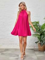 Mini Vestidos con lazo y cuello Halter para mujer, vestido plisado sin mangas con pliegues holgados de Color sólido a la moda - details 3