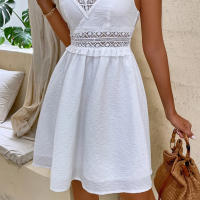 Vestido de Encaje de Verano Blanco Sexy Escote en V, Cintura Alta, Manga de Spaghetti, Vestido de Playa Casual para Mujeres - details 1