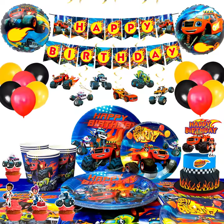 Blaze Artículos para fiestas de cumpleaños, Blaze and The Monster Machines Set de artículos para fiestas - Blaze Platos Tazas Cake Topper Mantel Banner Globos, etc. Blaze Decoraciones para fiestas, para 10 invitados - 1