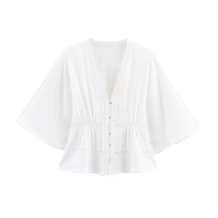 Camisa holgada, sencilla, versátil, con botones y cuello en V para mujer, novedad de verano 2025 - 1