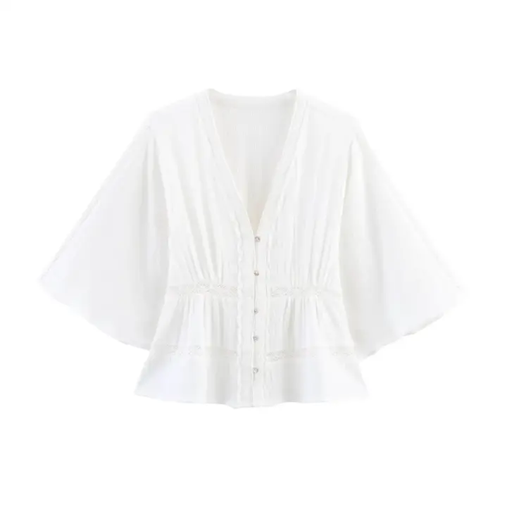 Camisa holgada, sencilla, versátil, con botones y cuello en V para mujer, novedad de verano 2025 - 1