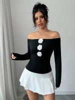 Nueva camiseta de mujer de manga larga con flores en 3D, sin tirantes, de un solo cuello, ajustada - details 5