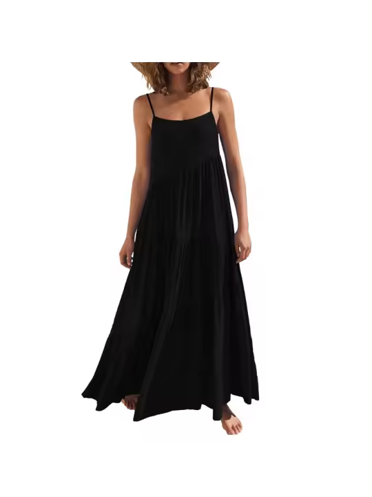 Vestido de playa sin tirantes plisado de color sólido irregular, estilo europeo holgado para mujer, verano 2025 - 1