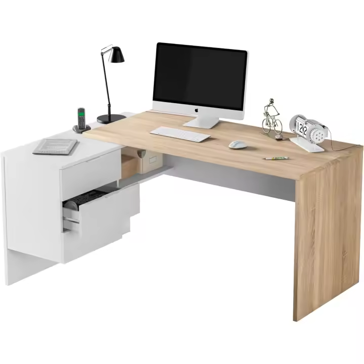 Escritorio con Cajonera, Mesa de Oficina Acabado en Blanco Artik y Roble Cananadian, Medidas: 145 cm (Largo) x 102 cm (Fondo) x 73 cm (Alto) - 1