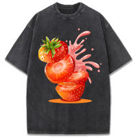 Camiseta lavada con estampado creativo de zumo de fresa para mujer, camisetas de algodón que combinan con todo, Top con cuello redondo, manga corta holgada de verano - details 7