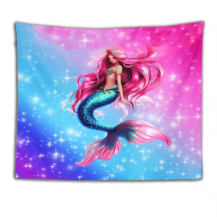 Tapiz de Princesa Niñas Mundo Marino Bajo el Agua Decoración de Pared de Galaxia Estrellada Brillante Rosa Azul Hogar - 1