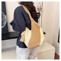 Bolso tejido de gran capacidad para mujer primavera y verano nuevo bolso de hombro de color en contraste bolso de playa versátil para vacaciones en la playa - details 11