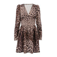 Estampado de leopardo con cuello en V ajustado verano otoño nuevo estampado manga larga vestido corto para mujer elegante - details 11