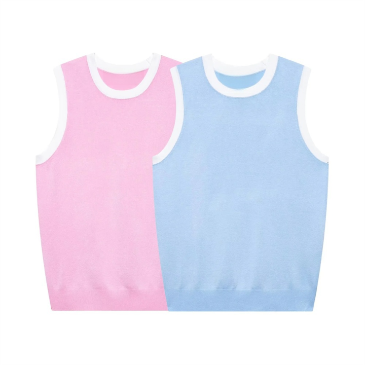 PB&ZA 2025 Summer New Women's Basic Simple Casual Loose Splicing Color Round Neck Sleeveless Knitted Vest