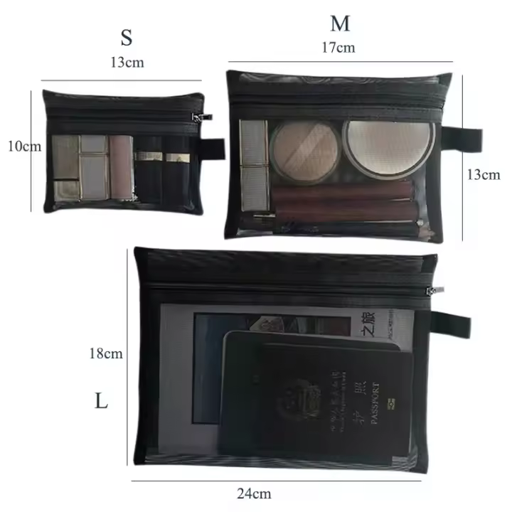 Neceser de viaje para mujer, bolsa de aseo de malla negra transparente, organizador de maquillaje, bolsa de lavado, pequeña y grande - 1