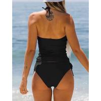 Traje de baño de 2 piezas para mujer, conjunto de bikini, coqueta, sexy, halter, sin mangas, espalda abierta, tops cortos, pantalones de color sólido - details 3