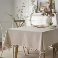 Manteles Rectangular Color Sólido de Lino con Borlas Decoración del Hogar Mantel Antimanchas Cuadrada para Mesa Bodas Fiesta Buffet Beige - details 4