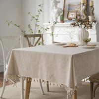 Manteles Rectangular Color Sólido de Lino con Borlas Decoración del Hogar Mantel Antimanchas Cuadrada para Mesa Bodas Fiesta Buffet Beige - details 4
