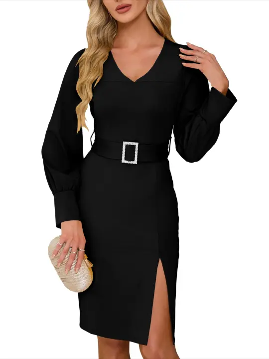 Falda midi de manga larga para mujer, ropa de mujer elástica de color sólido, traje formal novedoso - 1