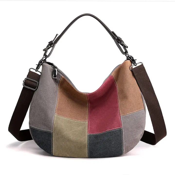 Bolso de mano de costura Retro para mujer, bandolera de hombro de gran capacidad, bolso de lona de Color contrastante - 1