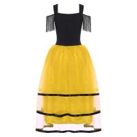 Vestido español mujer, vestidos baile Flamenco, mangas frías, vestido largo tul con bloques Color para bailar, disfraz fiesta - details 3