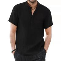 Camiseta de manga corta para hombre, camisetas informales de algodón y lino para hombre, camisa de verano de Color sólido, cómoda y transpirable - details 2
