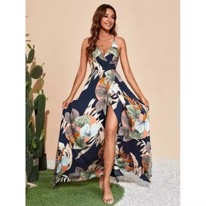 2025 Vestido largo con tirantes divididos en el muslo y estampado único - 1