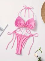 Conjunto De Bikini De Dos Piezas De Moda De Color Sólido, Con Cuello Halter, Triángulo Sin Espalda Y Lazos Laterales - details 10