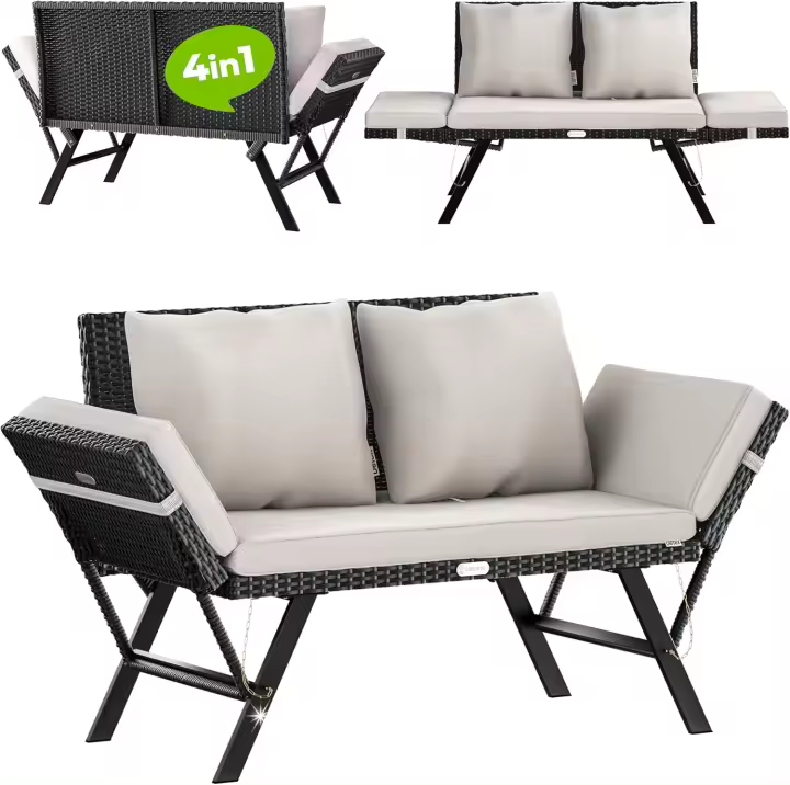 Banco de jardín negro multifuncional 2 en 1, tumbona reclinable, sofá cama, 240 kg, cojines para exteriores. - 1