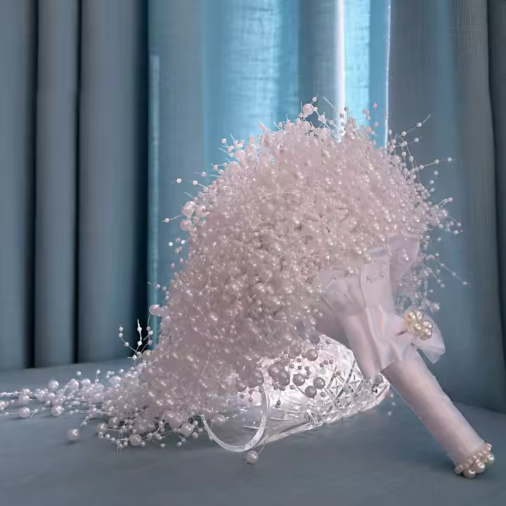 Ramo de novia hecho a mano, flor de boda, perlas completas, marfil y blanco, 100% - 1