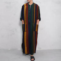 Ropa Árabe Para Hombres Kaftán Islámico De Algodón Con Rayas Traje Dubai Abaya Retro De Verano Y Otoño Estilo Casual - details 12