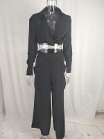 Women casual 2 pieces set elegant turn down collar long sleeve shirt and wide leg pants - details 15
