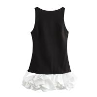 Cuello redondo sin mangas cierre de cintura slim color sólido falda corta envoltura vestido de cadera vestido pequeño - details 4