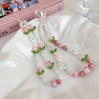 Correa de cadena con cuentas de melocotón para teléfono móvil, joyería dulce para mujer y niña, cordón de flores para teléfono móvil con perlas, llavero para iPhone - details 3