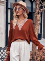Blusa de retazos de encaje hueco para mujer, elegante camisa de manga larga para oficina, Tops elegantes sólidos sueltos, ropa de moda de otoño - details 13