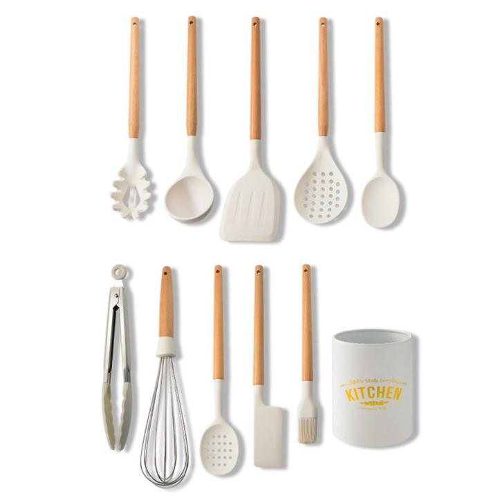 Utensilios de cocina blancos, mango de madera multifuncional, herramienta de silicona