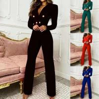 Pelele elegante de manga larga para mujer, Pantalones rectos de cintura alta, monos con solapa para mujer, mono para mujer - details 0