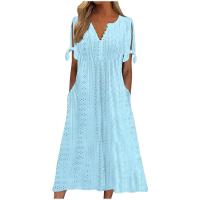 Elegante Vestido de Manga Corta con Cuello Redondo Color Sólido, Moda Casual con Bolsillos y Botones - details 2