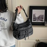 Bolso de hombro de mezclilla para mujer, bandolera de color sólido a la moda con correa ajustable, cierre de cremallera, forro de poliéster, bolso de viaje estilo coreano - details 5