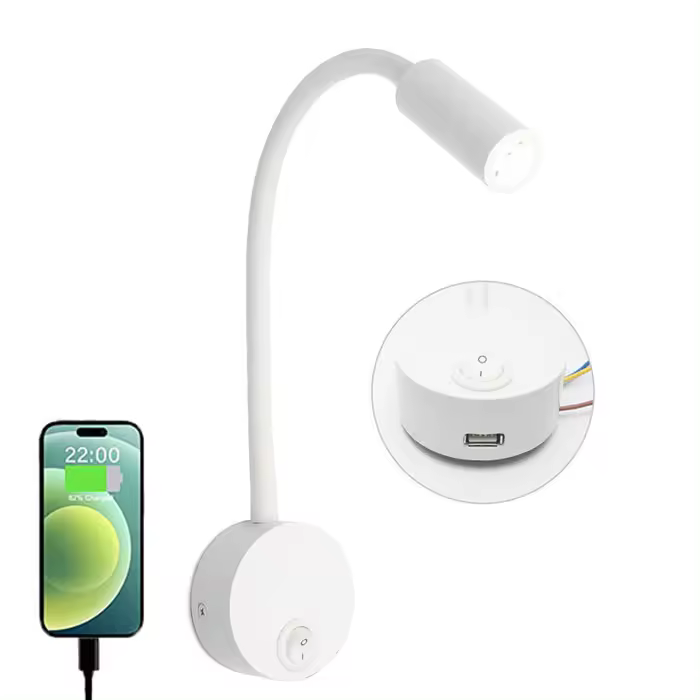 Luz de lectura de montaje en pared con puerto de carga USB, interruptor de mesita de noche LED, lámpara de pared con cuello de cisne Flexible, negro, plateado, blanco, 4000K, 3W - 1