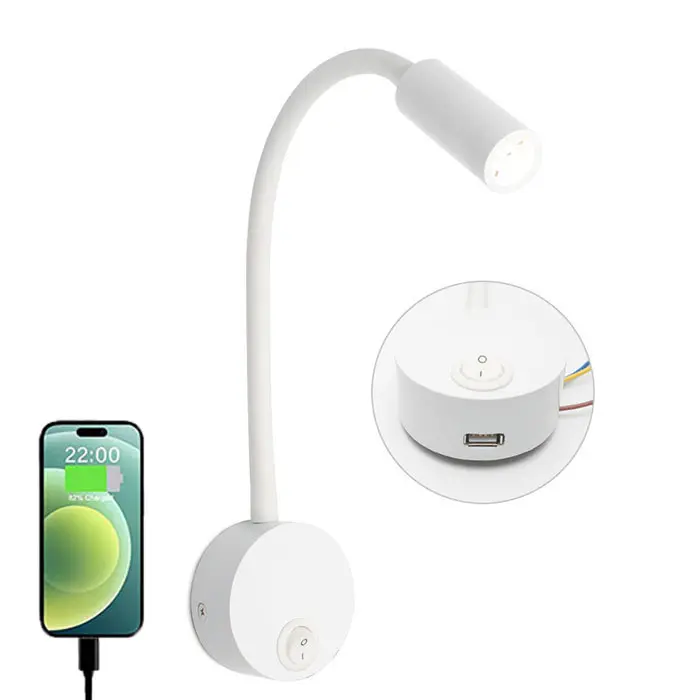 Luz de lectura de montaje en pared con puerto de carga USB, interruptor de mesita de noche LED, lámpara de pared con cuello de cisne Flexible, negro, plateado, blanco, 4000K, 3W - 1