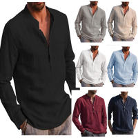 Camisa informal de lino para hombre, camisa de manga larga con cuello en V, ropa de playa, 2024 - details 0