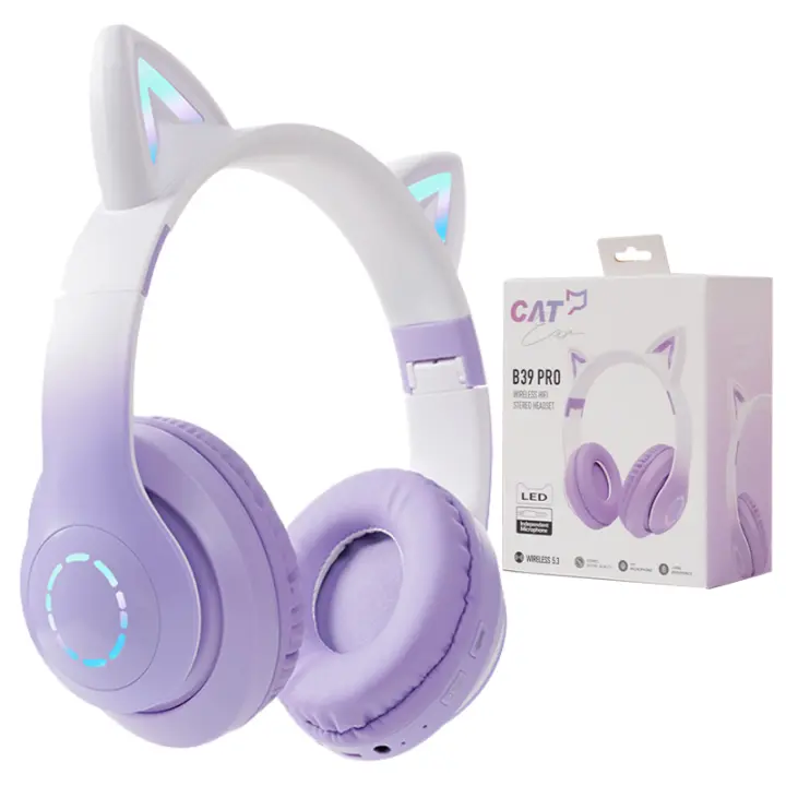 PORCHEDDU Auriculares with destello de Luz LED, auriculares inalámtricos with Bluetooth with orejas de Gato y Micrófono, auriculares de Música Para Juegos para niños y niñas, HIFI Como Gift de Navidad - 1