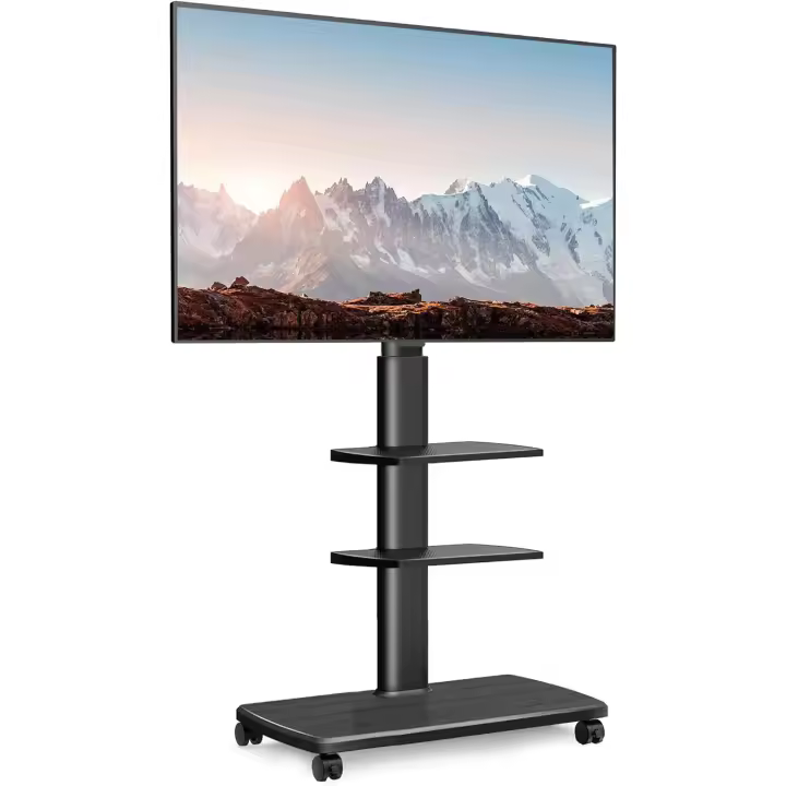 Soporte TV de Pie con Ruedas Blanco para Pantallas de 32 a 70 Pulgadas,Giro de 60 ° ,MAX VESA 600*400mm,Ajuste de Altura,Gestión de Cables, Soporte TV Ruedas con 2 Estantes y Base Madera - 1
