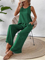 Chaleco informal de dos piezas con encaje calado de Color sólido para primavera y verano para mujer, pantalones largos de pierna ancha - details 10