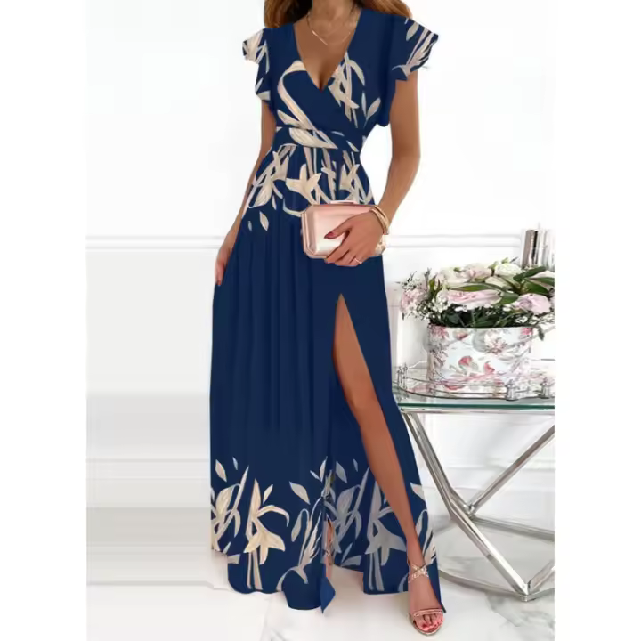 Vestidos de mujer, divididos, cuello en V, elegantes, cintura, vestidos largos - 1