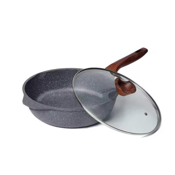 RIOVARM 28cm Sartén honda con tapa, Inducción Antiadherente Sartenes para freír, Granito Sartenes para huevos sin PFOA, Mármol Sartén para Tortilla con mango de baquelita Woodgrain, Apta para Gas - 1