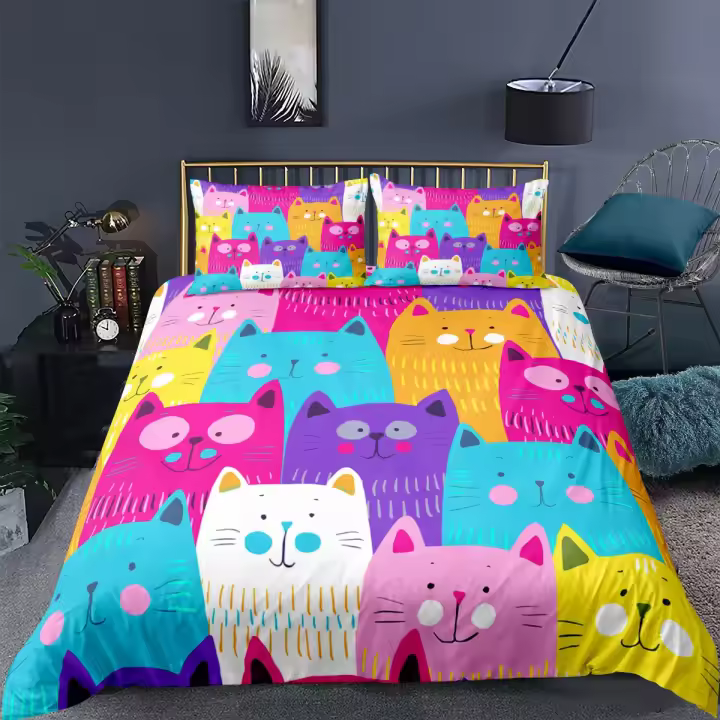 Funda de edredón con estampado de gato de dibujos animados, juego de cama con funda de almohada, funda de edredón para decoración de dormitorio - 1