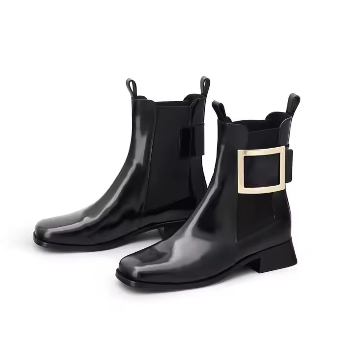 Botas de cuero y tobillo impermeables con punta cuadrada y hebilla de metal para mujer - 1